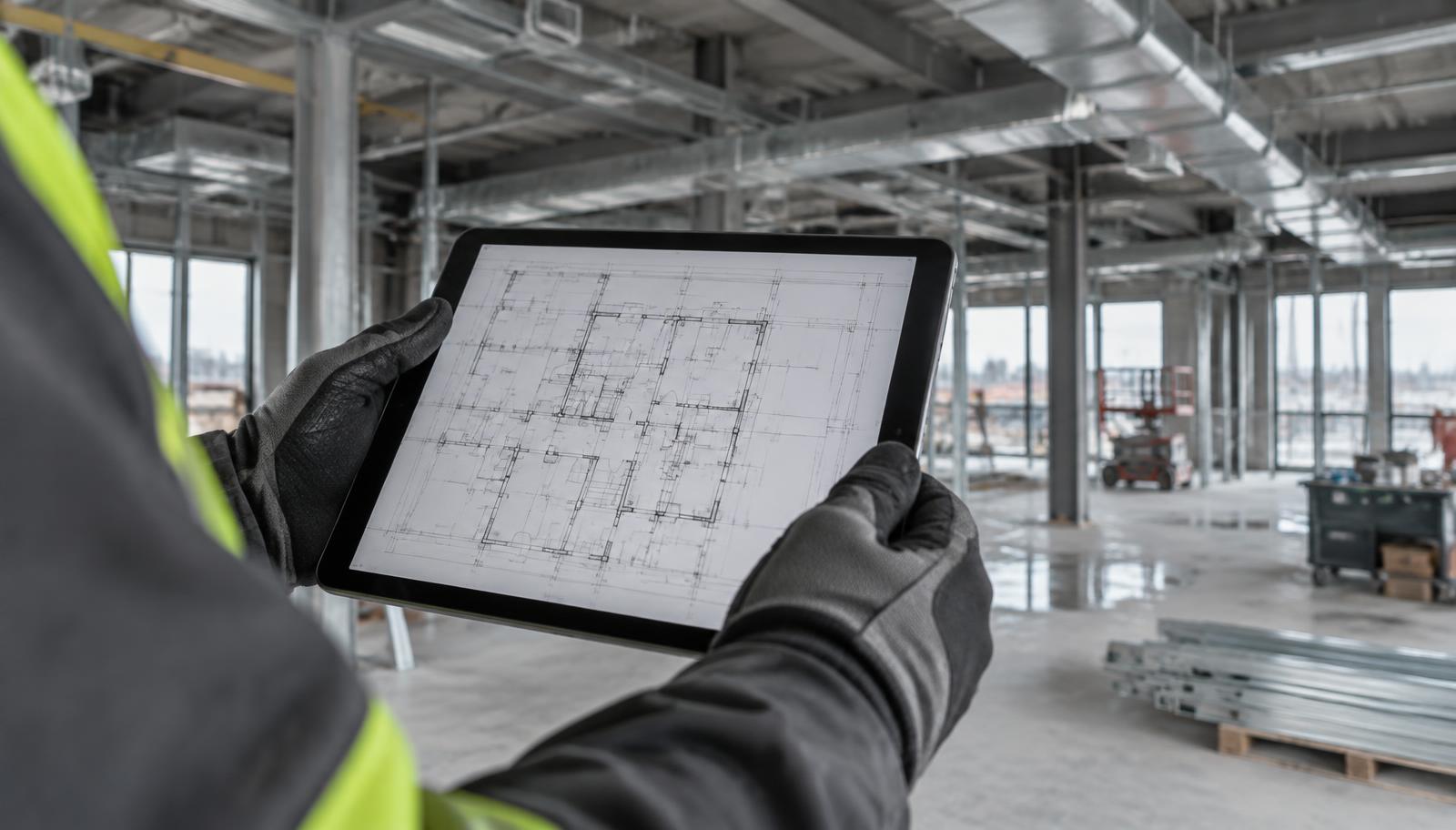 Gloved hands reviewing a floor plan on a tablet inside a commercial construction site